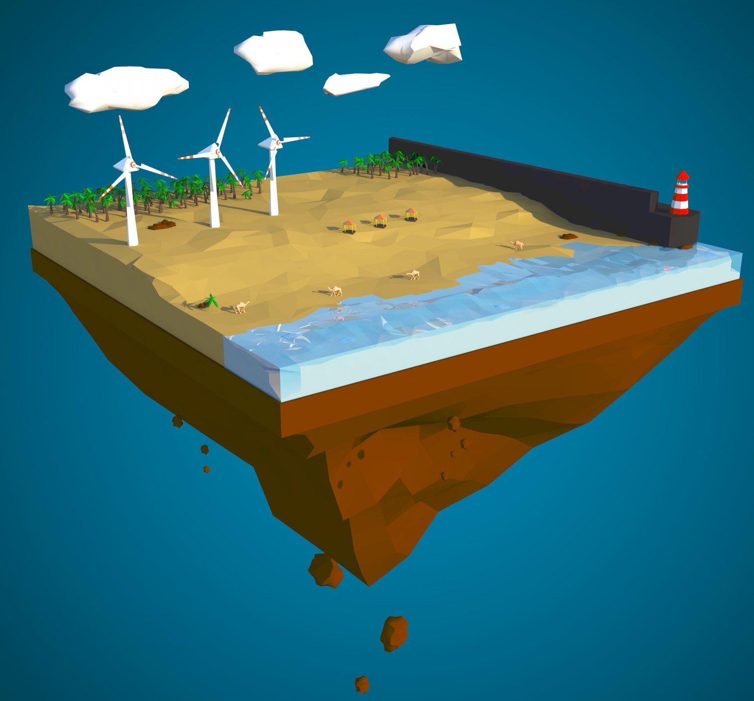 Floating Island Of Desert Windfarm Beach 3d Model 3d Model In