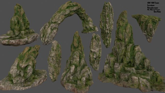 mossy rocks set 3D Model .c4d .max .obj .3ds .fbx .stl .blend 