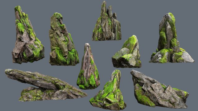 Mossy rocks 3D Model .c4d .max .obj .3ds .fbx .stl .blend 