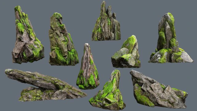 Mossy rocks 3D Model .c4d .max .obj .3ds .fbx .stl .blend 