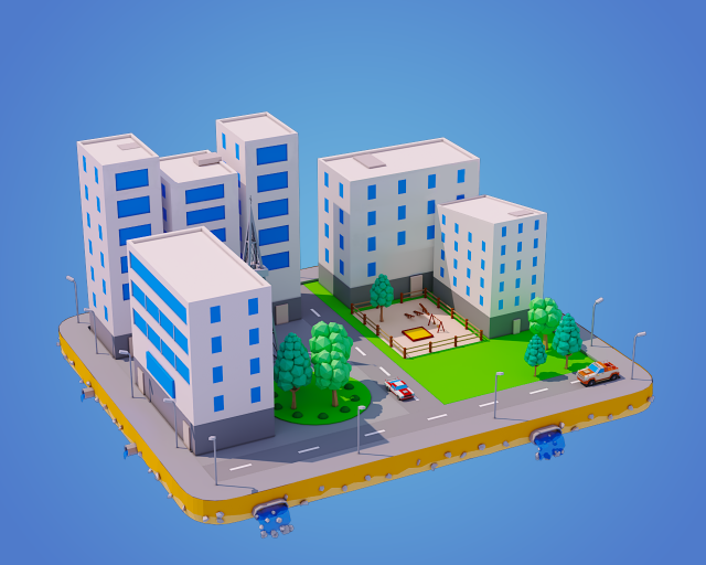 low poly city block Model 3D .c4d .max .obj .3ds .fbx .stl .blend 