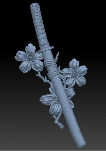 katana-sakura-reli&euml;f 3D printmodel .c4d .max .obj .3ds .fbx .stl .blend 