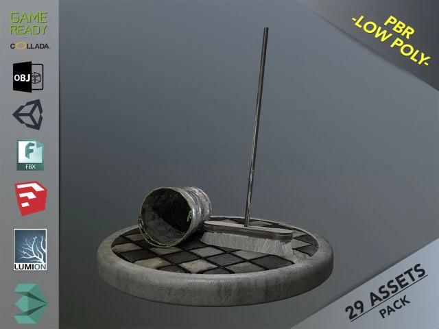 broom brush and bucket pack 3D Model .c4d .max .obj .3ds .fbx .stl .blend 