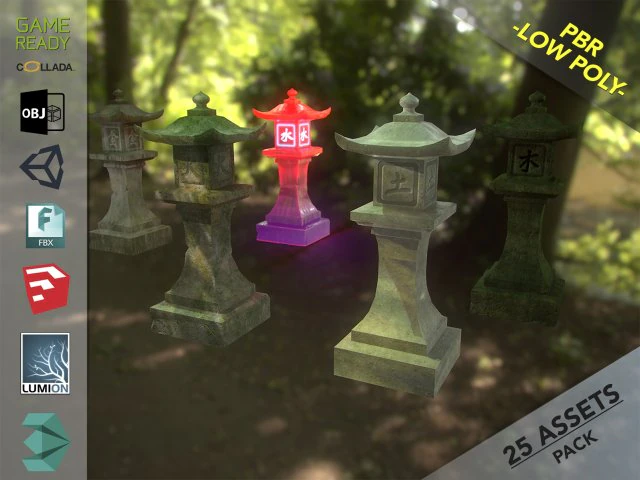 stone lantern pack 3D Model .c4d .max .obj .3ds .fbx .stl .blend