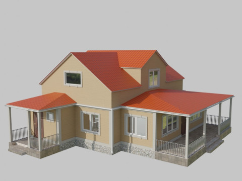 Küçük teraslı iki katlı aile kır evi 3D Model