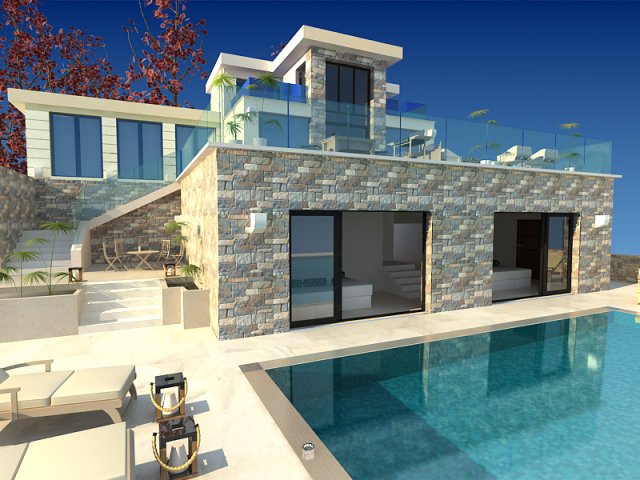 exterior house villa with pool scene 3Dモデル .c4d .max .obj .3ds .fbx .stl .blend 
