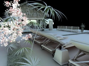 exterior resort sitting area shot Model 3D