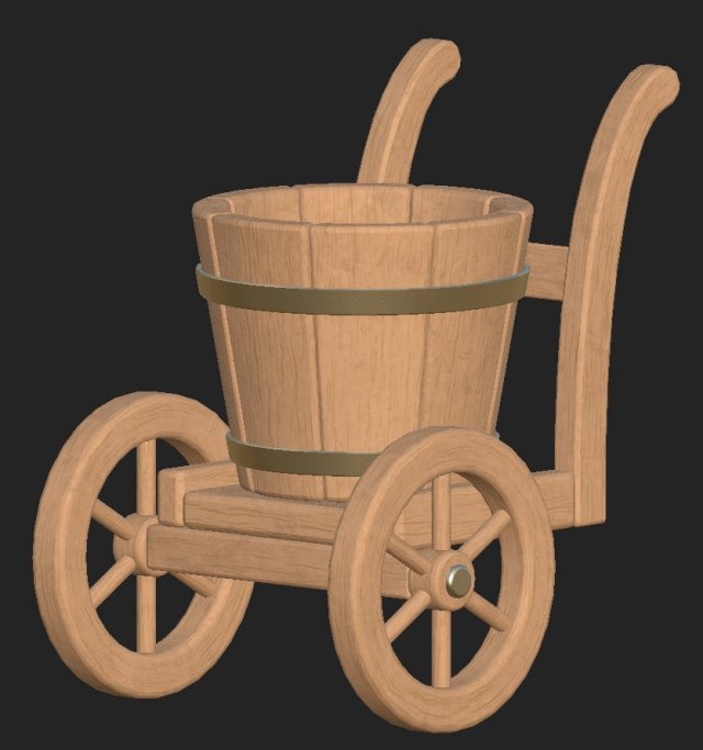 cartoon wooden bucket on wheels Modelo 3D .c4d .max .obj .3ds .fbx .stl .blend 