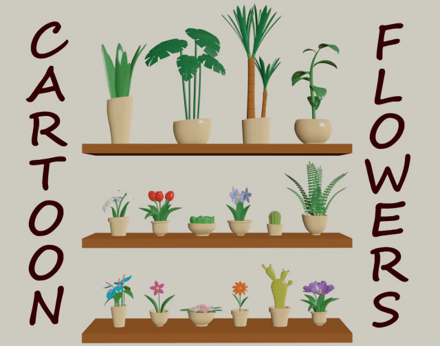 cartoon flowers in pots 3D Model .c4d .max .obj .3ds .fbx .stl .blend 