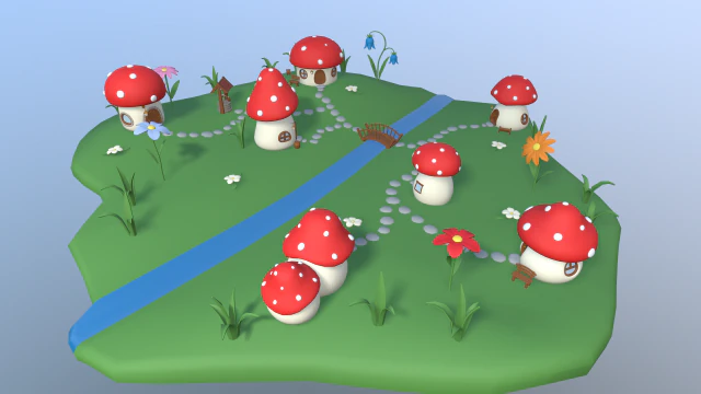 vila de cogumelo dos desenhos animados Modelo 3D .c4d .max .obj .3ds .fbx .stl .blend