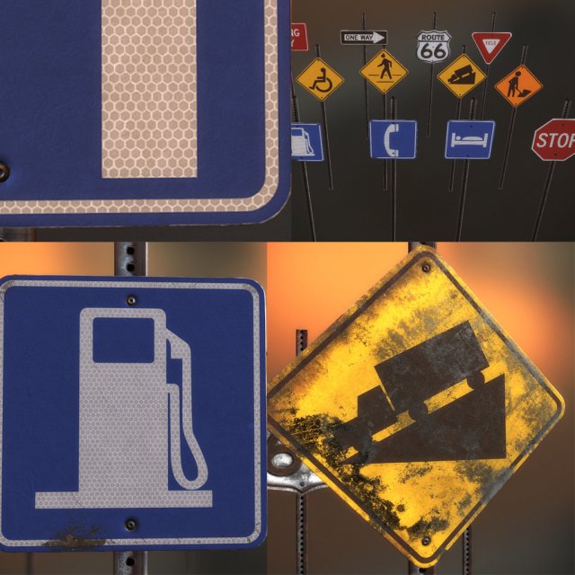 us road signs clean and dirty-rusty-decayed textures 4k and lowpoly kit 3D 모델 .c4d .max .obj .3ds .fbx .stl .blend 