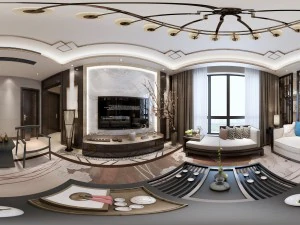 panorama antique chinese style family living room restaurant 05 3D Model