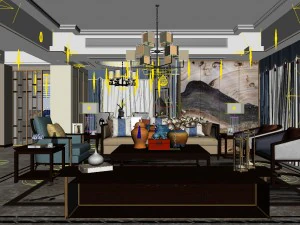 panorama antique chinese style family living room restaurant 08 3D Model