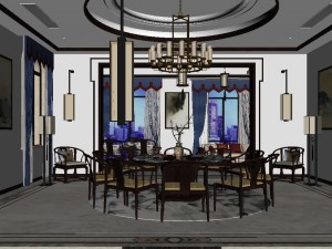 panorama antique chinese style family living room restaurant 09 3D Модель
