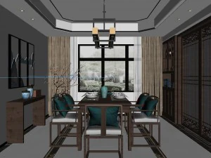 panorama antique chinese style family living room restaurant 11 3D Model