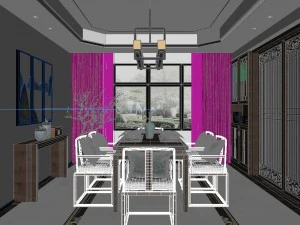panorama antique chinese style family living room restaurant 11 3D Model