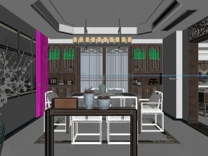 panorama antique chinese style family living room restaurant 11 3D Model