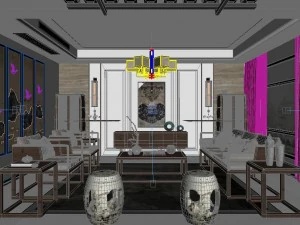 panorama antique chinese style family living room restaurant 11 3D Model