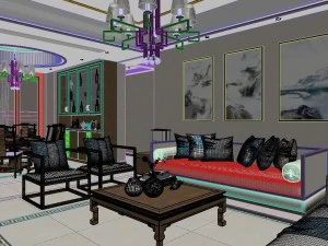 panorama antique chinese style living room restaurant space 01 3D Model