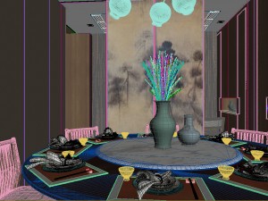 panorama antique chinese style living room restaurant space 02 3D Model