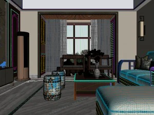 panorama antique chinese style living room restaurant space 05 3D Model