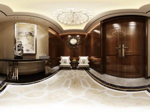 Sal&oacute;n panor&aacute;mico de 360&ordm; con pasillo familiar. Modelo 3D