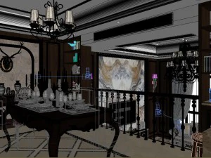 panoramic american style living room restaurant space 06 3D Model
