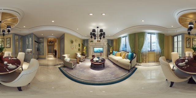 panoramic american style living room restaurant space 12 3D Model .c4d .max .obj .3ds .fbx .stl .blend