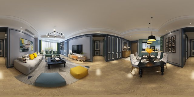 panoramic view american style living room dining room 25 Modèle 3D .c4d .max .obj .3ds .fbx .stl .blend 