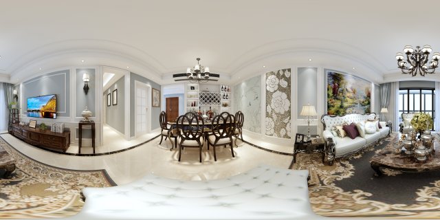 panoramic european style living room restaurant space 04 3D Модель .c4d .max .obj .3ds .fbx .stl .blend 