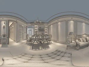 panoramic european style living room restaurant space 04 3D Model