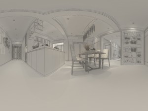 panoramic contemporary style dining room kitchen space 02 3D Model