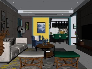 panoramic modern style family living room restaurant 04 3D Model