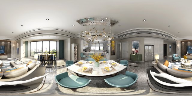 panoramic modern style living room restaurant space 07 3D Модель .c4d .max .obj .3ds .fbx .stl .blend 
