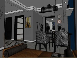 panoramic modern style living room restaurant space 75 3D Model