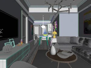 panoramic modern style living room restaurant space 82 3D Model