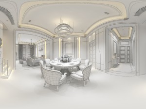 panoramic neo-classical style dining room kitchen space 02 3D Модель