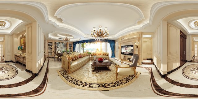 panoramic neo-classical style living room dining room 08 3D Модель .c4d .max .obj .3ds .fbx .stl .blend 