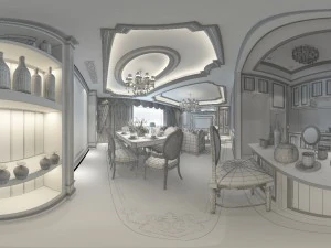 panoramic neo-classical style living room dining room 08 3D Model