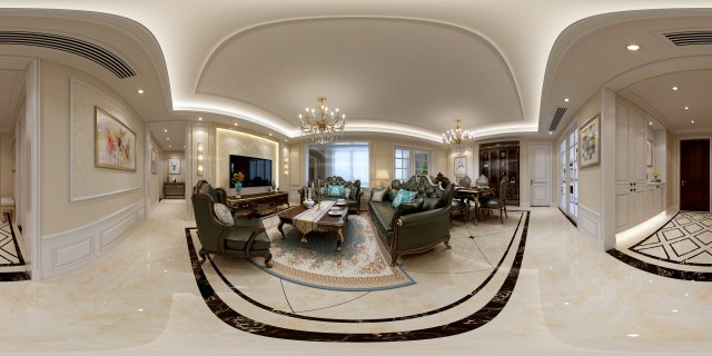 panoramic neo-classical style living room dining room 22 3D 模型 .c4d .max .obj .3ds .fbx .stl .blend 