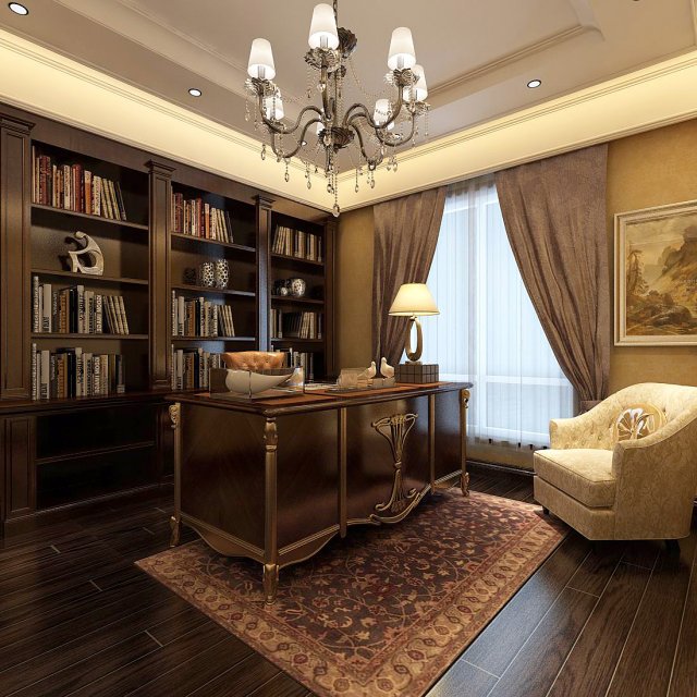 family - office - study room -044 3D Model .c4d .max .obj .3ds .fbx .stl .blend 
