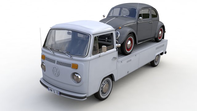 Vw T2 Kemperink Special Pickup 1976 and Vw Beetle 1960 3D 모델 .c4d .max .obj .3ds .fbx .stl .blend 