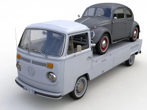 Vw T2 Kemperink Special Pickup 1976 года и Vw Beetle 1960 года 3D Модель