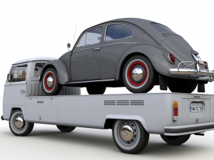 Vw T2 Kemperink Special Pickup 1976 and Vw Beetle 1960 3D 모델
