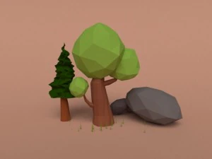 low poly wood rock grass 3D Model