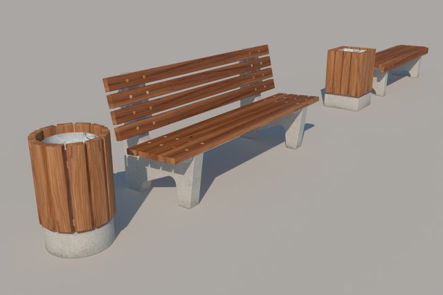 set bench trash can Modelo 3D .c4d .max .obj .3ds .fbx .stl .blend 