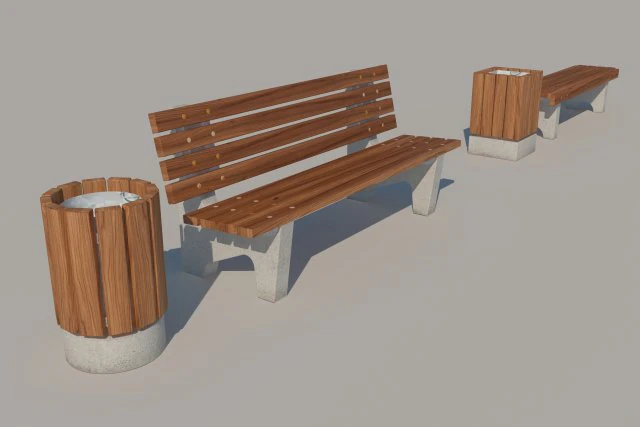 set bench trash can 3D Model .c4d .max .obj .3ds .fbx .stl .blend