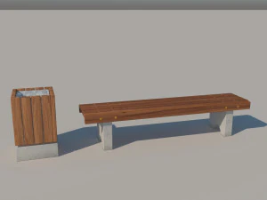 set bench trash can 3D Model