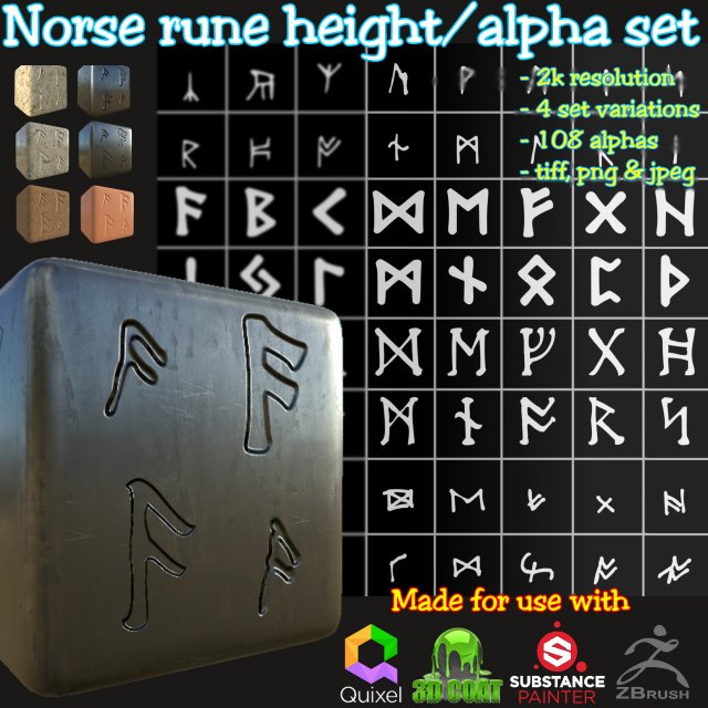 ancient norse rune height-alpha brushes-stamp set CG Texturen .c4d .max .obj .3ds .fbx .stl .blend