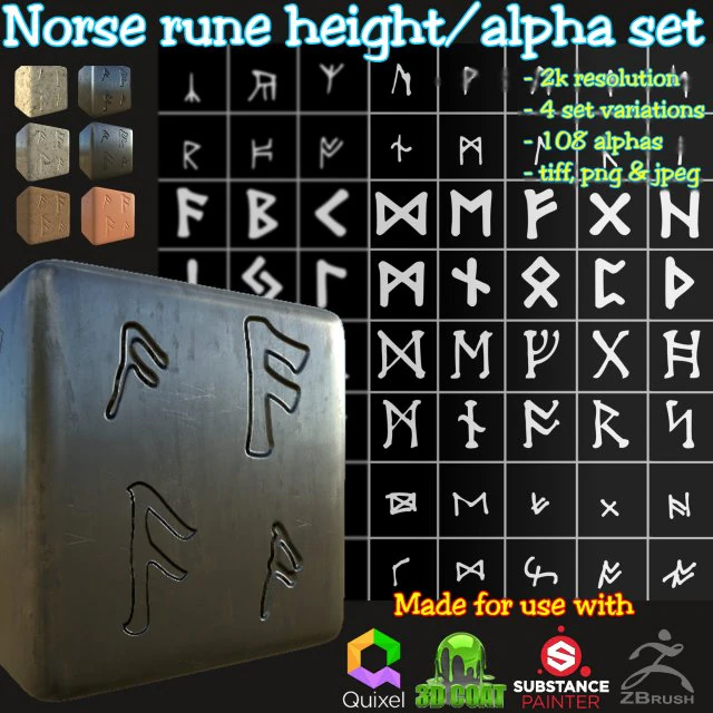 oude Noorse rune hoogte-alpha penselen-stempelset CG Texturen .c4d .max .obj .3ds .fbx .stl .blend 